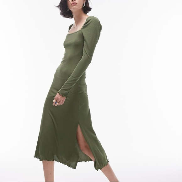 Topshop Women’s Bodycon Long Sleeve Midi Dress Size 8 in Olive Green - Picture 1 of 10